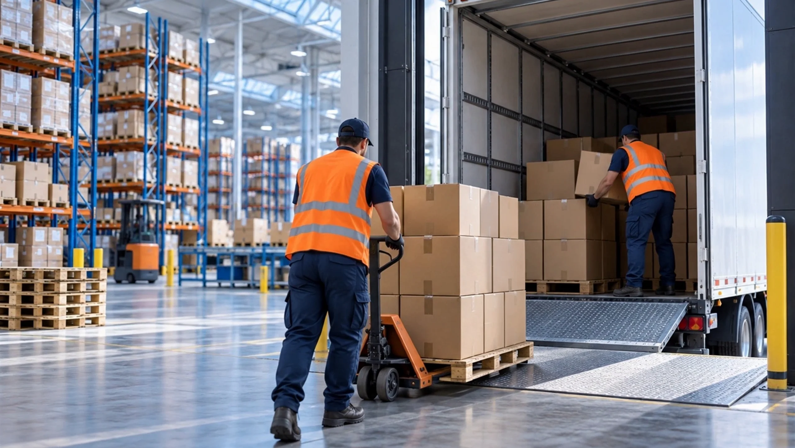 Warehouse team loading cartons into a trailer