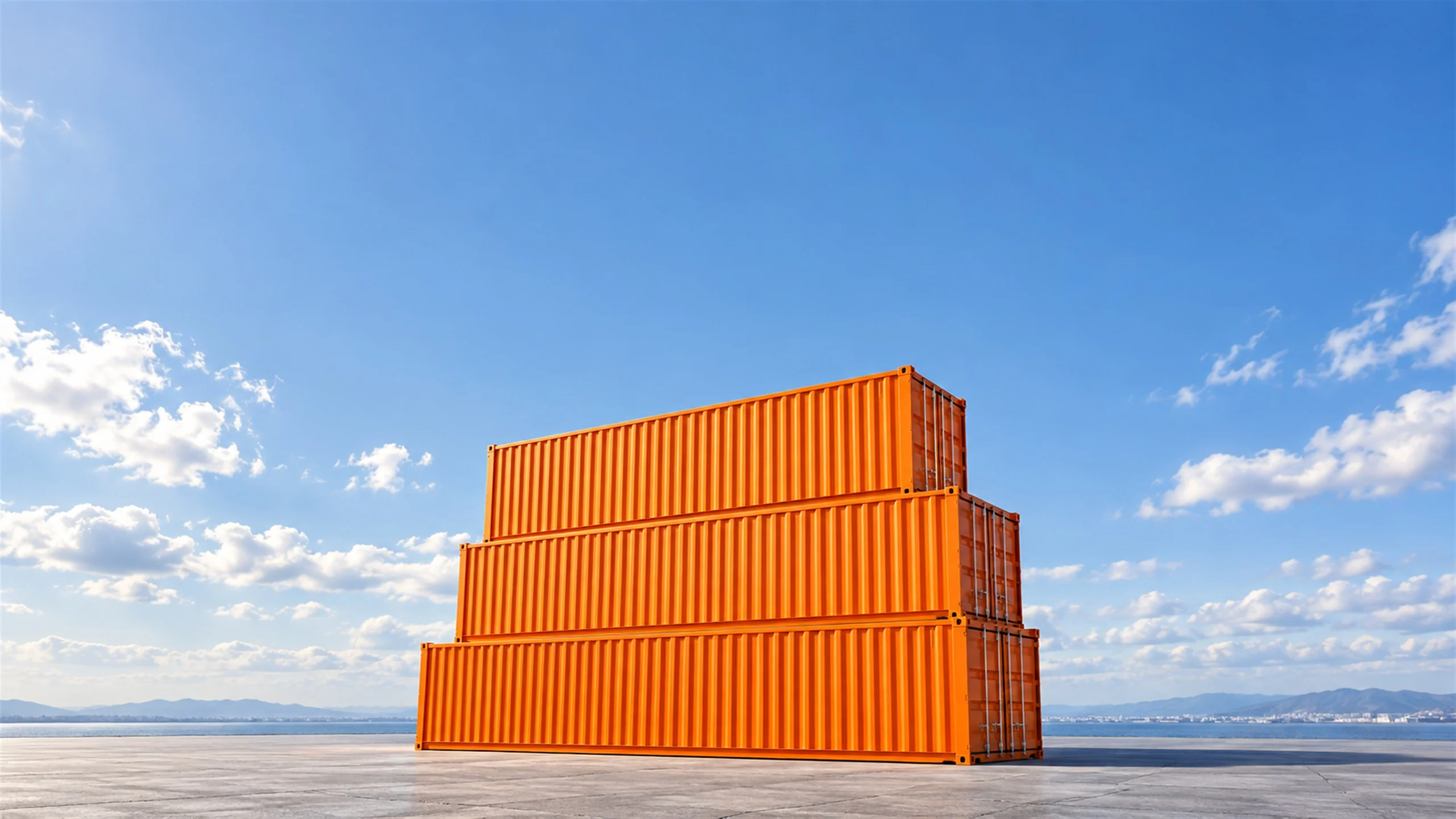 Stacked orange shipping containers under a blue sky