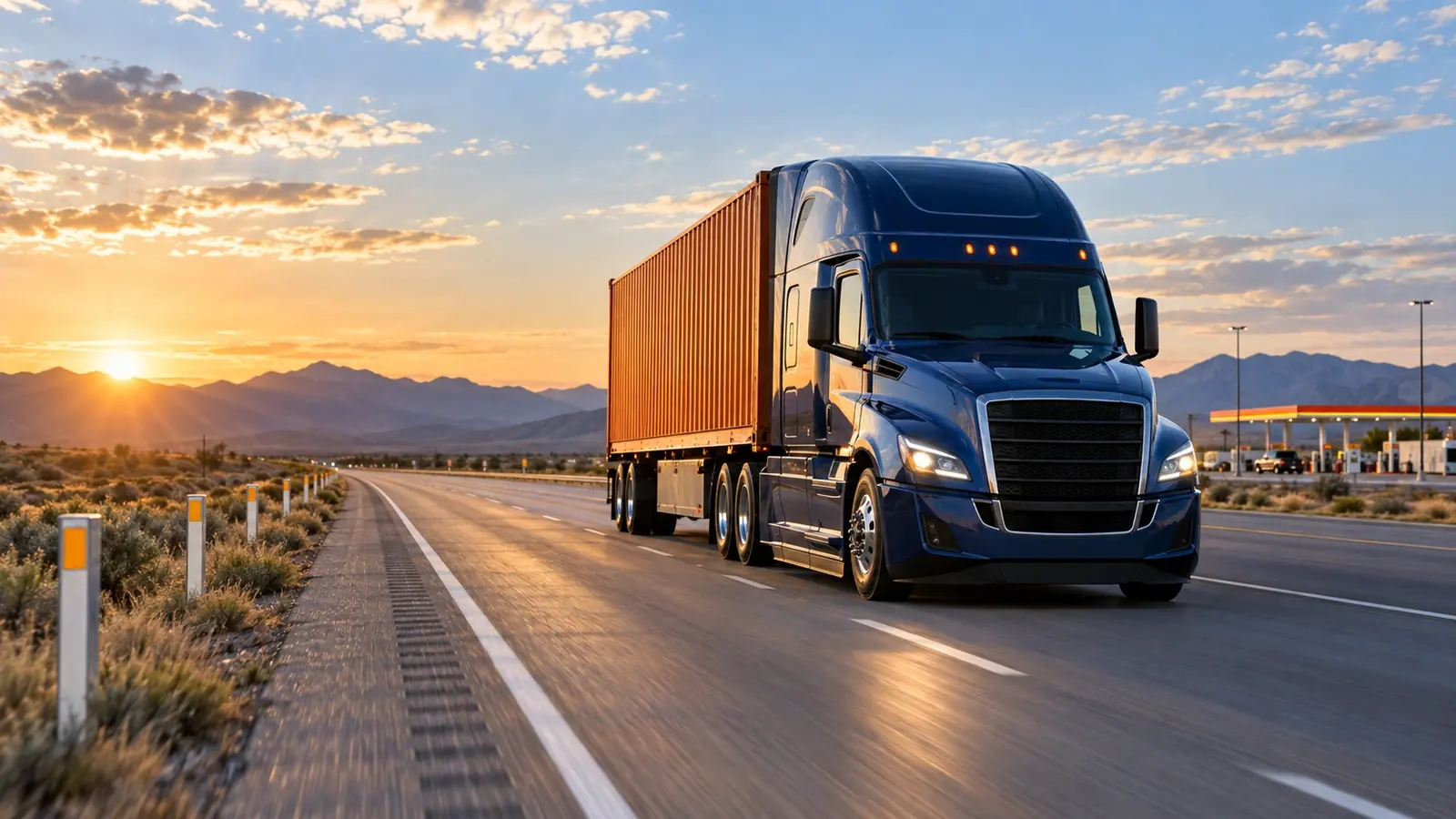 Navy semi-truck on a highway at sunrise