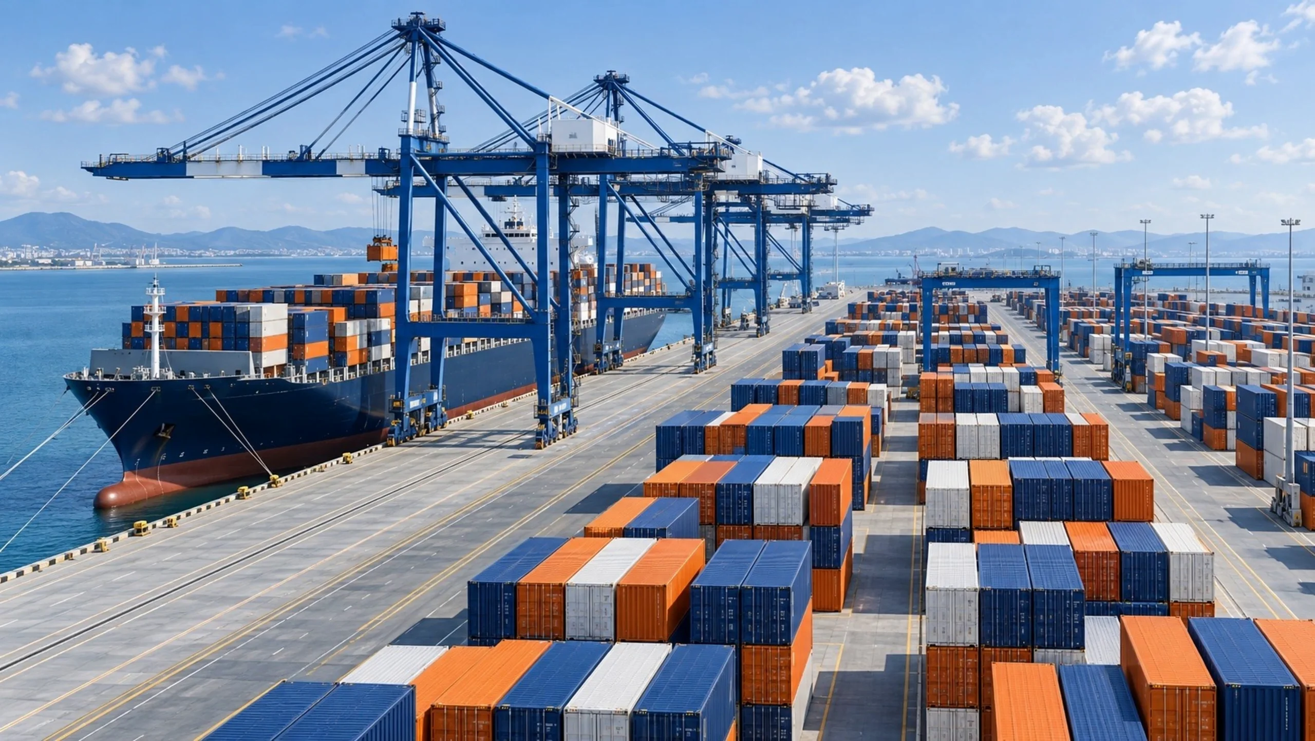 Container port with blue cranes loading a ship