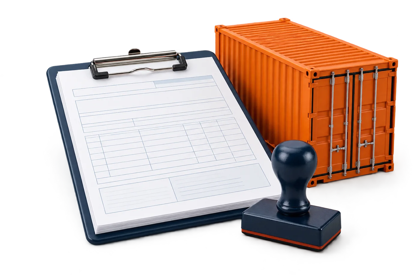 Customs forms on a clipboard with a stamp
