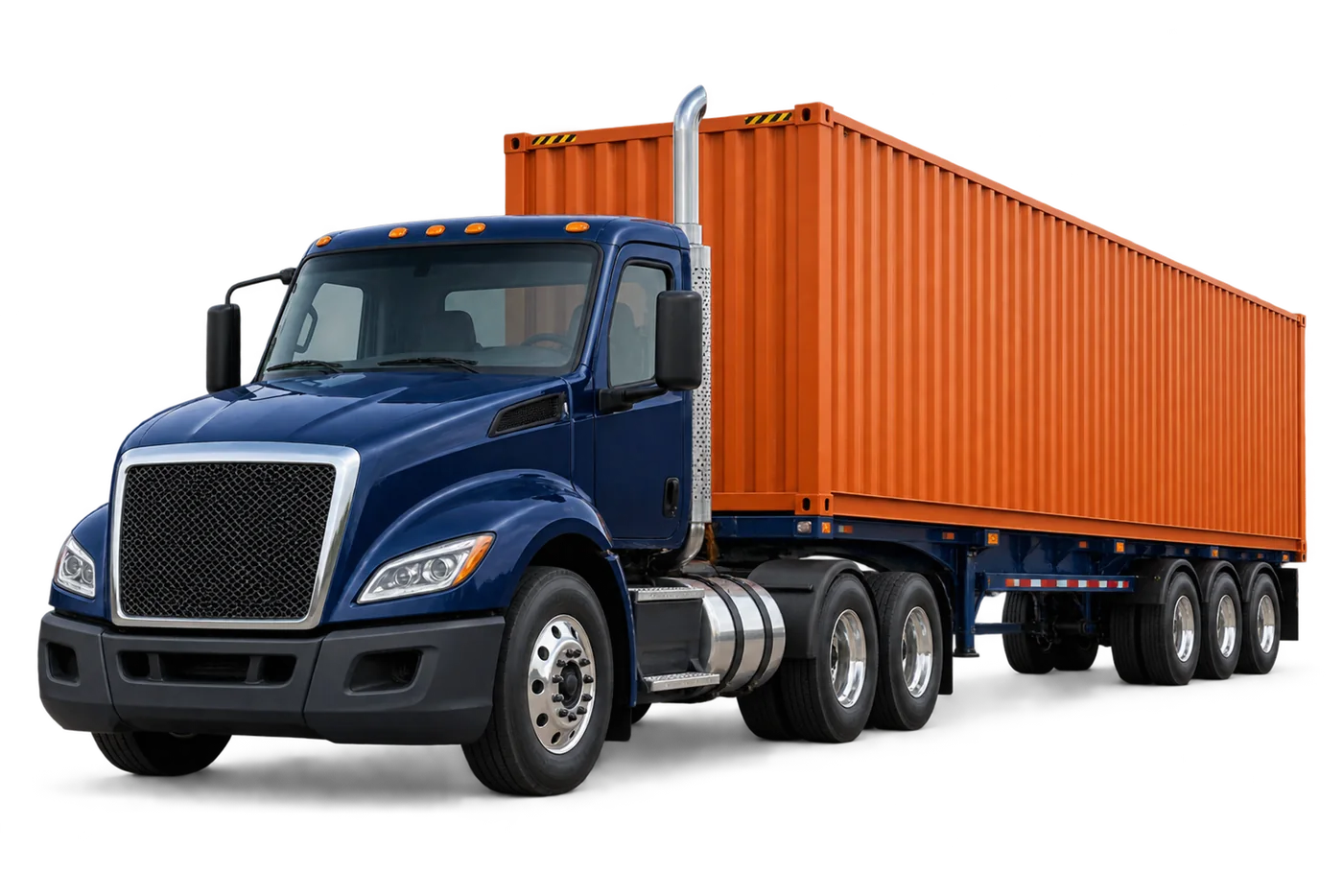 Truck hauling an orange container on a chassis