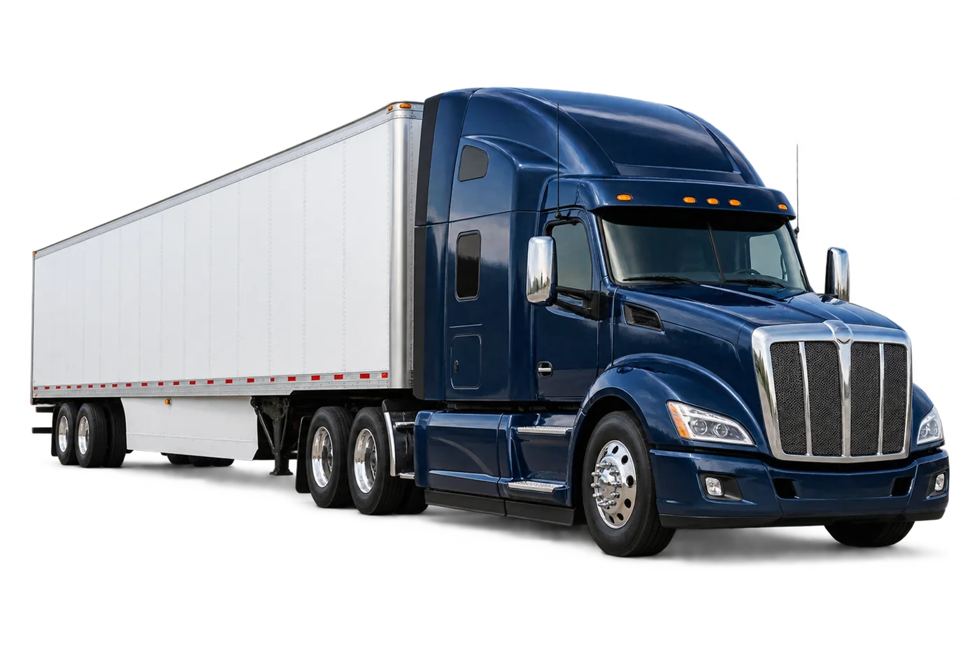 Navy semi-truck with a white dry van trailer